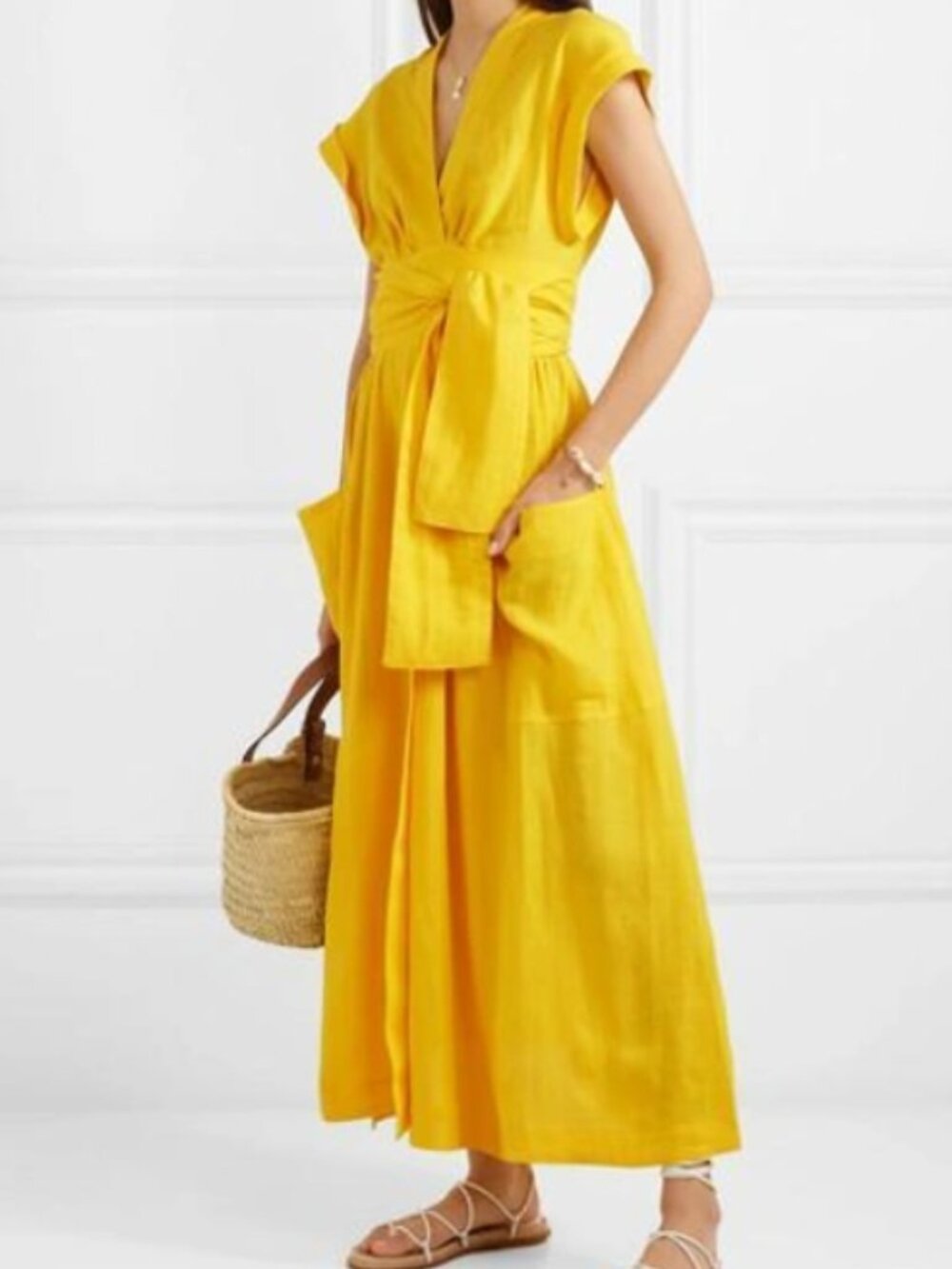 THREE GRACES LONDON Clarissa Belted Linen Wrap Dress In Yellow